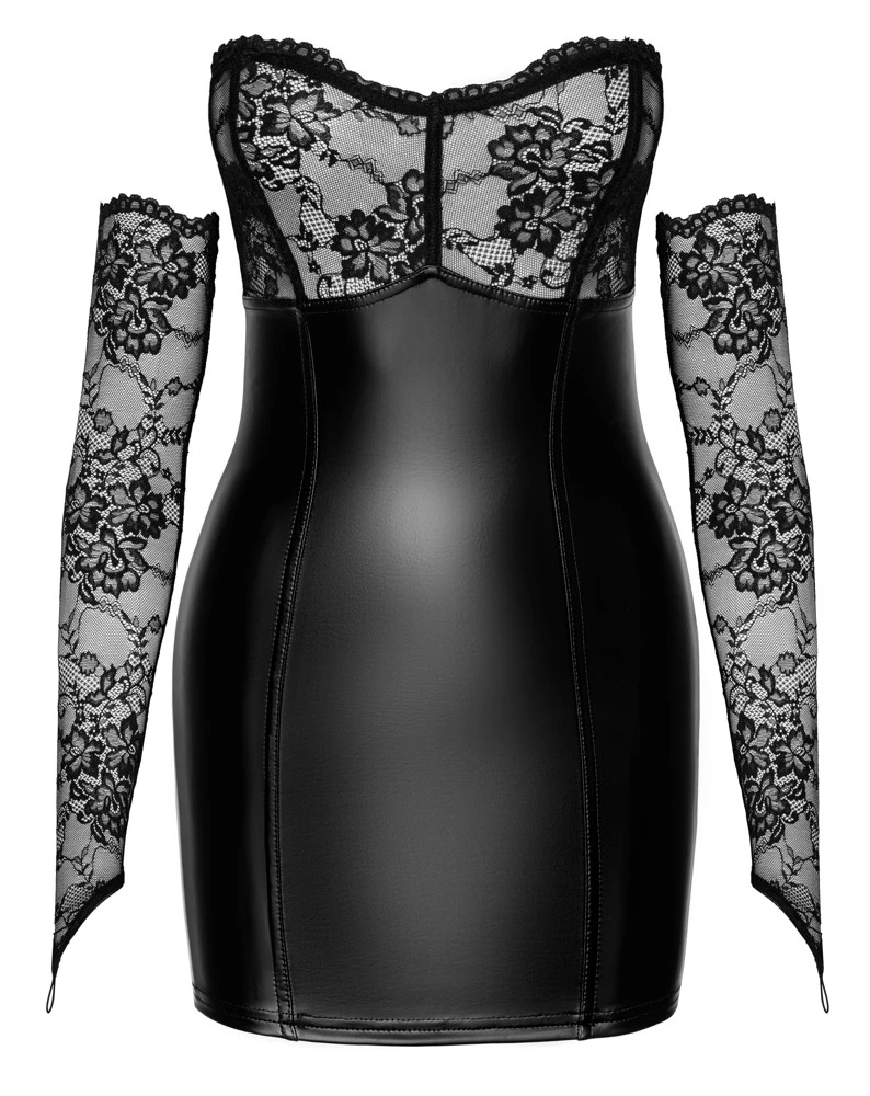 Noir Tube-Minikleid F340 aus Powerwetlook mit zarter Spitze & passenden Spitzen-Armstulpen, Elastisch & Trägerlos