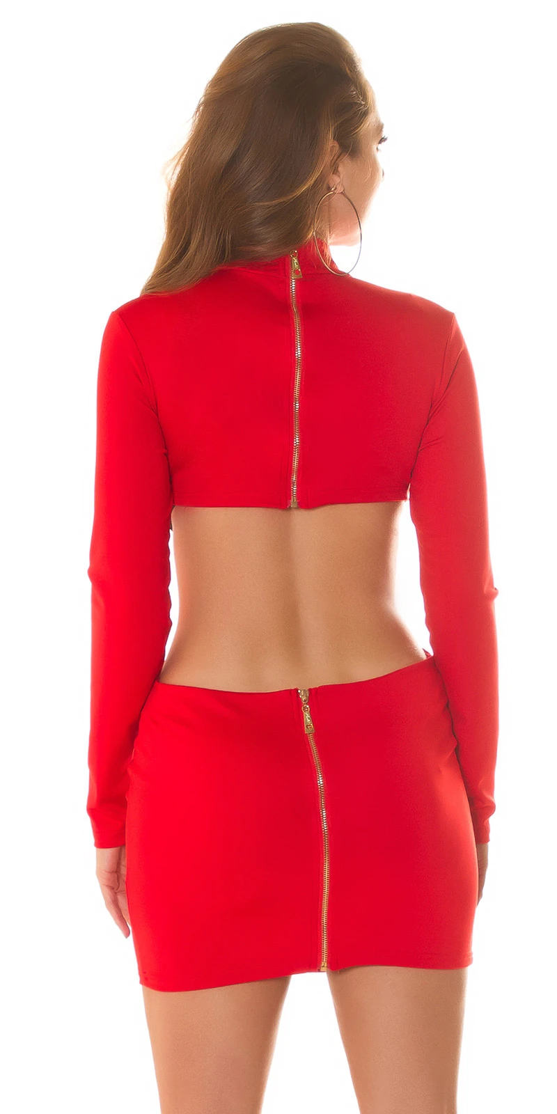 Zipper Kleiner Stehkragen Langarm Minikleid mit Deko Ösen und hot Rücken Zipper Kleiner Stehkragen Langarm Minikleid mit Deko Ösen und hot Rücken