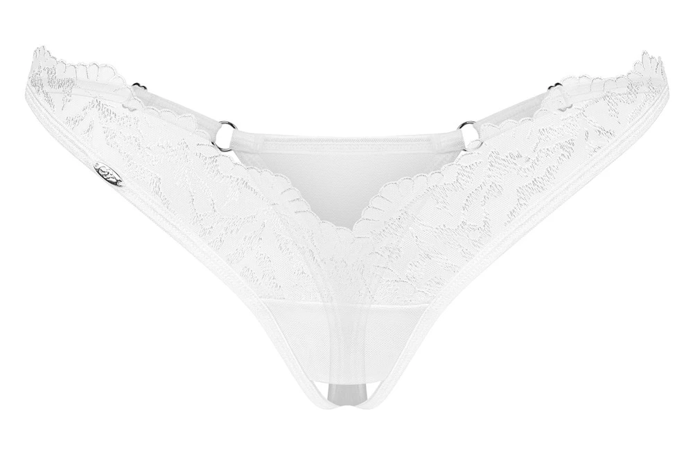 String ouvert Arrowel von Obsessive in weißen Tüll-Transparenz mit feiner Spitze, offen im Schritt für prickelnde Momente