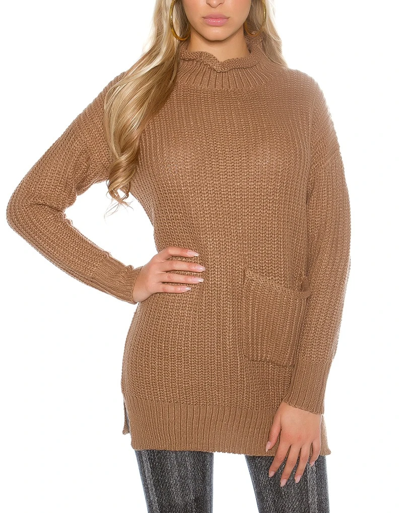Sexy Grobstrick Rollkragen Pulli mit Tasche
