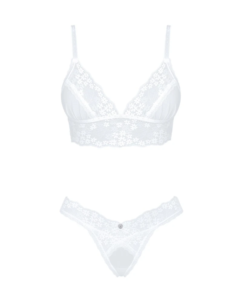 Obsessive Soft-BH und String im Set aus weißem Feinnetz mit schöner Blütenspitze verführerisch in Szene gesetz. Weich und elastisch für hohen Tragekomfort.