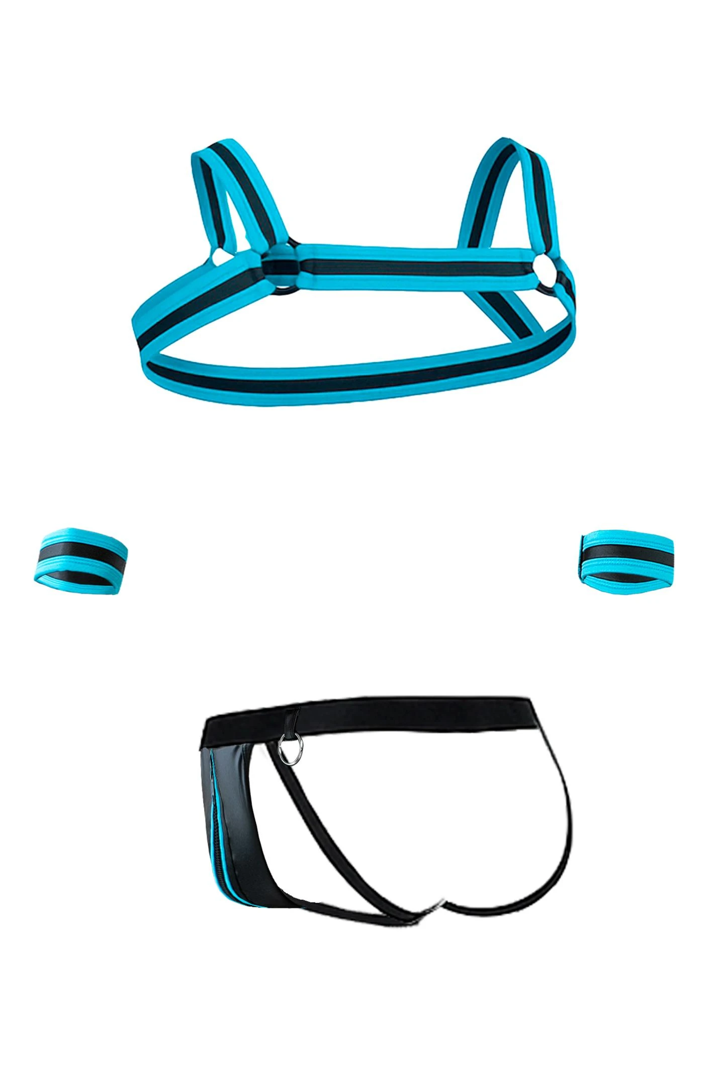 Schwarz/türkises Jockstrap-Set RAV115 – sexy Neopren-Design mit Metallringen, Reißverschluss-Suspensorium, Brustharness und Armbändern von CUT4MEN