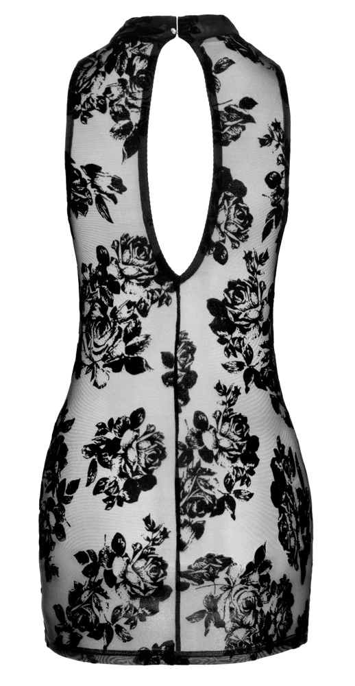 Ärmelos Transparentes Mini Kleid in feiner Transparenz, Samtflockprint, hoher Kragen, ovaler Rückenausschnitt