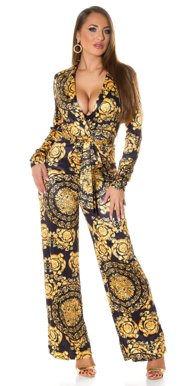 Printed Maxi Jumpsuit im Business-Look mit Wickel V-Neck und Gürtel