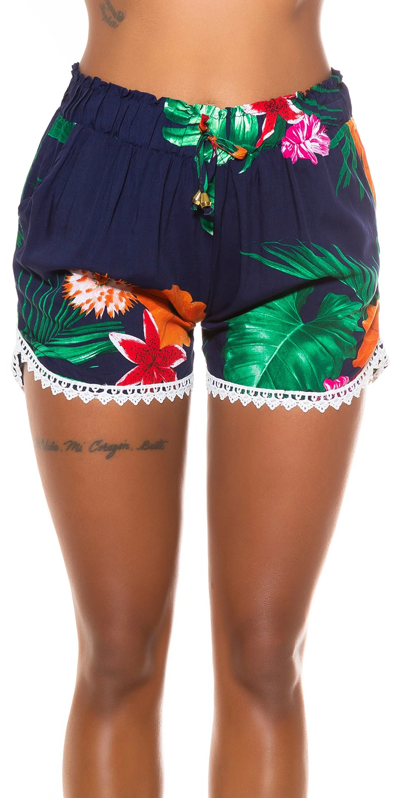 High Waist Paradise Printed Sommer Shorts mit Deko Spitze High Waist Paradise Printed Sommer Shorts mit Deko Spitze