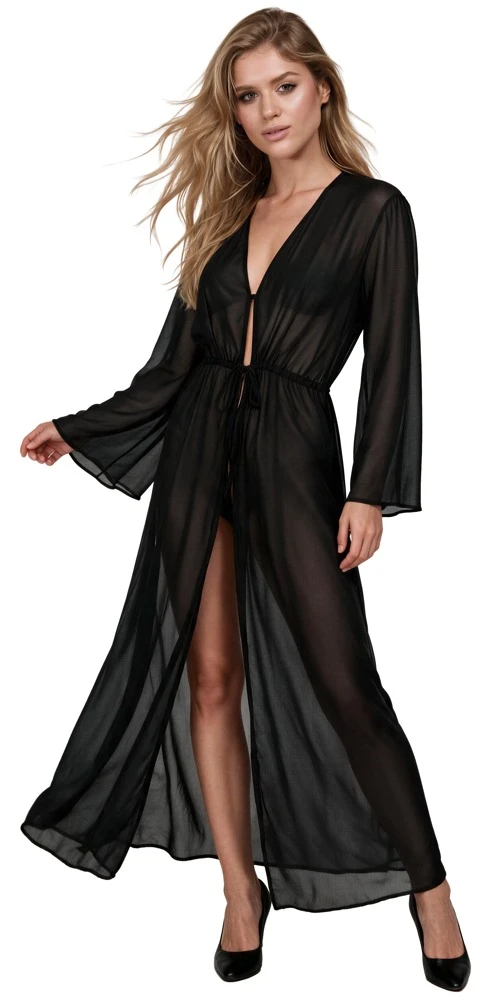 Langer Kimono aus schwarzem Chiffon von Cottelli LINGERIE – sinnlich transparent mit ausgestellten Ärmeln, Tunnelzug und edlem Bindegürtel
