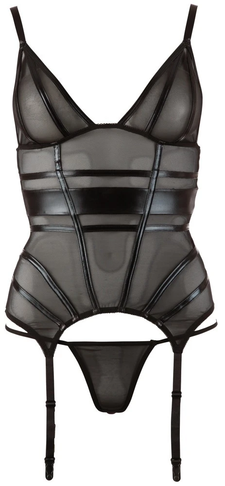 Cottelli LINGERIE Strapshemd Erotischer Bondage-Touch aus Powernet Wetlook-Streifen