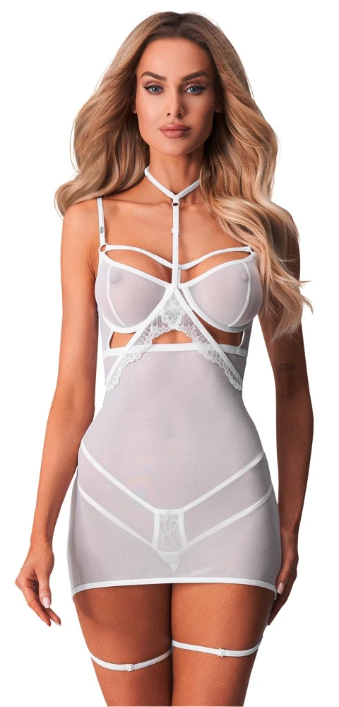 Weiß-transparentes Negligé Arrowel von Obsessive mit Spitze, Halsband und raffinierten Riemchen für einen unvergesslichen Auftritt
