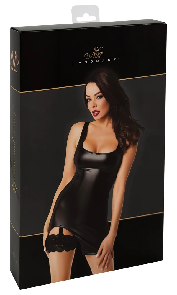 Noir Verführerisches Träger-Minikleid im Powerwetlook mit Straps & Spitzen-Strumpfband Kleid Straps, Clubwear Minikleid