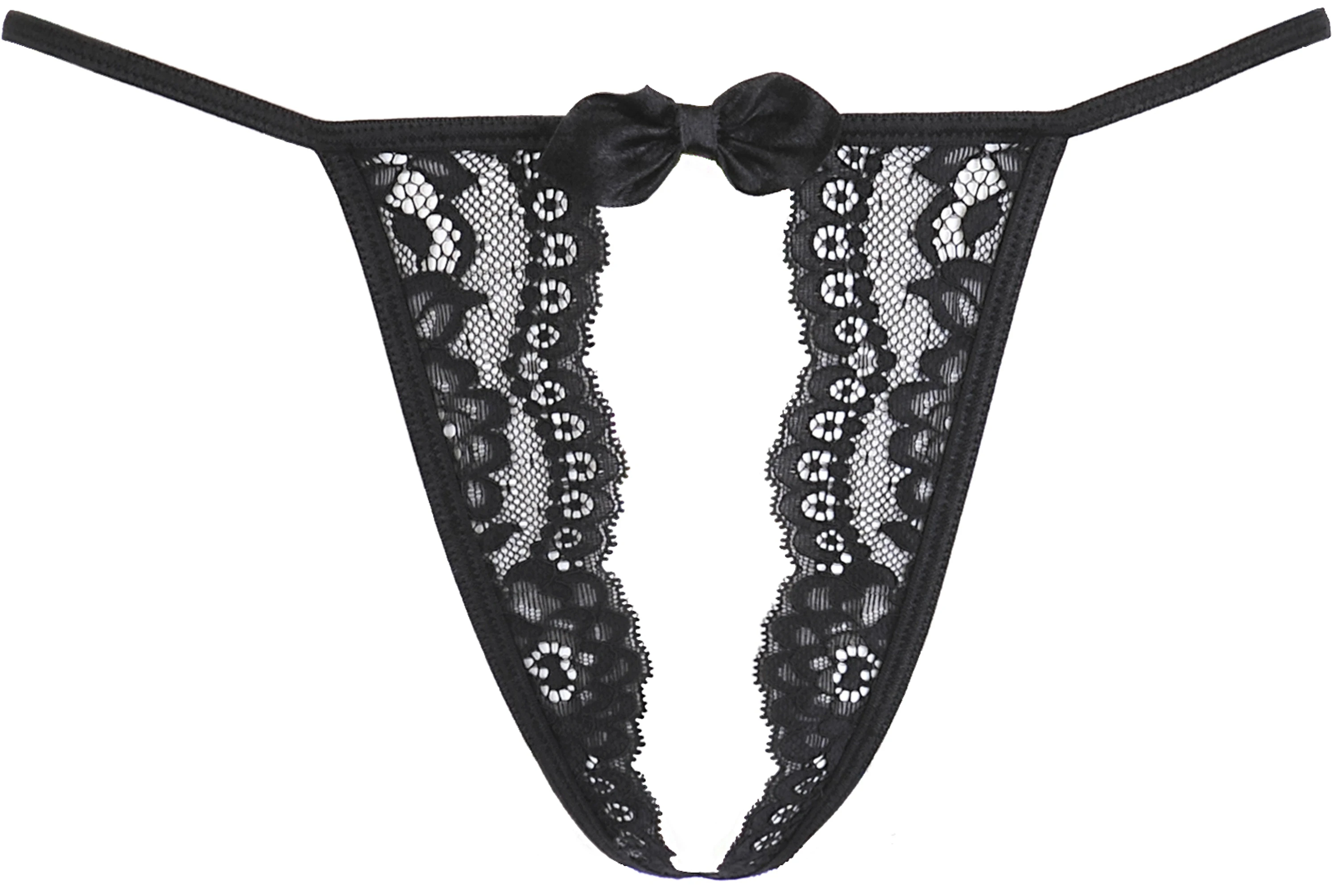 Axami V-9818 ouvert String – Verführerischer Ouvert-String mit flügelförmiger Spitze, zarter Schleife, elastischen Bändern sowie vorderer und hinterer Öffnung für aufregende Nächte