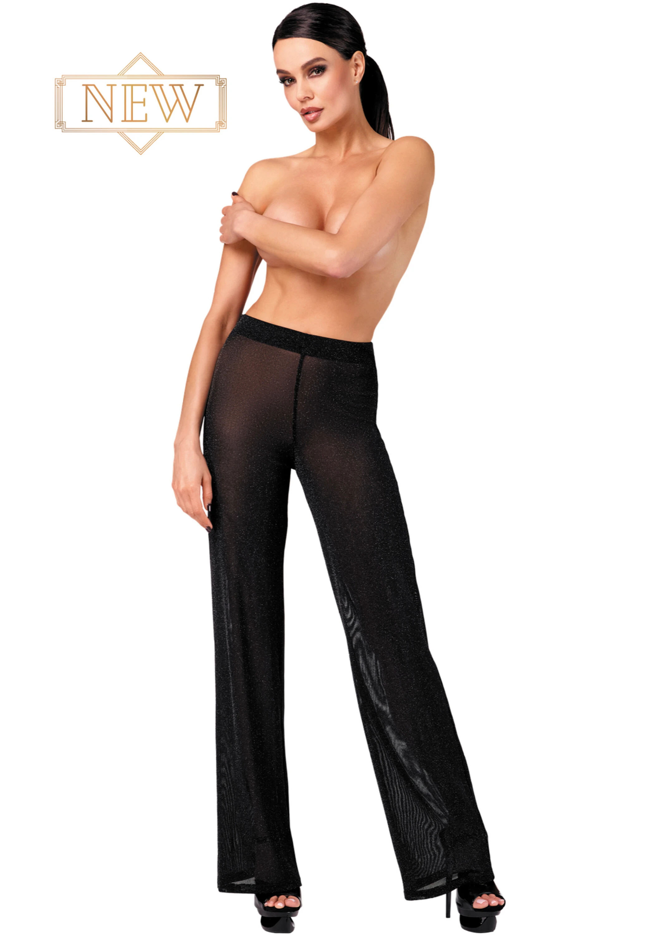 F374 Onyx Sheer Palazzo Hose von Noir Handmade aus luftigem Tüll mit feinen Silberfäden, weit geschnitten für fließende Bewegung, stilvoll kombiniert mit selbstbewusster, glamouröser Ausstrahlung F374 Onyx Sheer Palazzo Hose von Noir Handmade aus luftigem Tüll mit feinen Silberfäden, weit geschnitten für fließende Bewegung, stilvoll kombiniert mit selbstbewusster, glamouröser Ausstrahlung