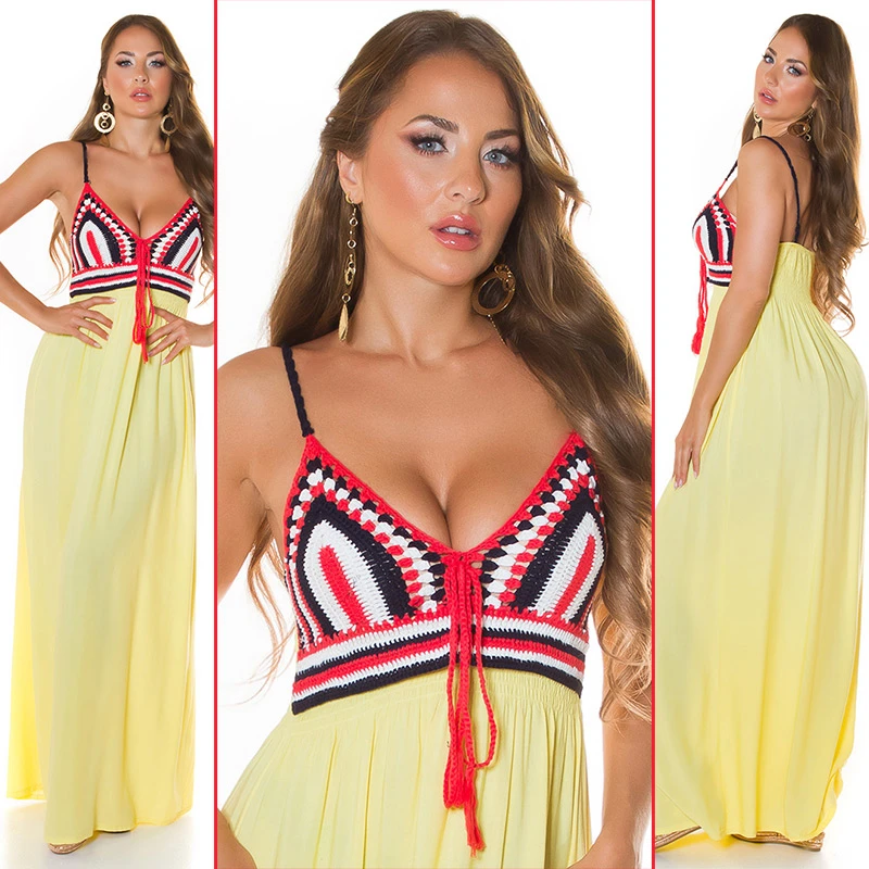 Boho V-Neck Träger Maxi Kleid mit Deko Häkel Partie