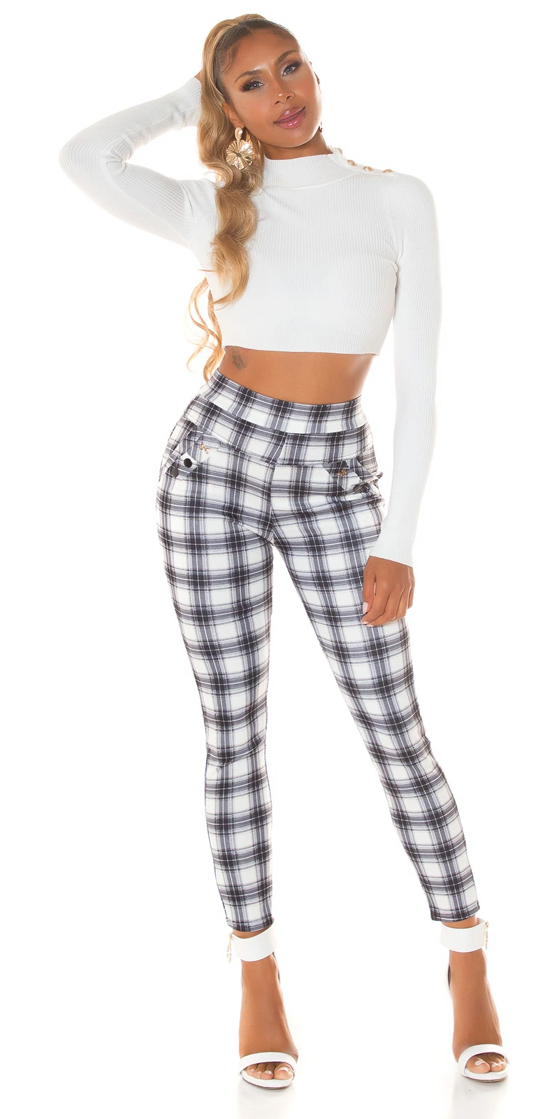 High Waist Business Röhren Karo Stoffhose mit Deko Riegel High Waist Business Röhren Karo Stoffhose mit Deko Riegel