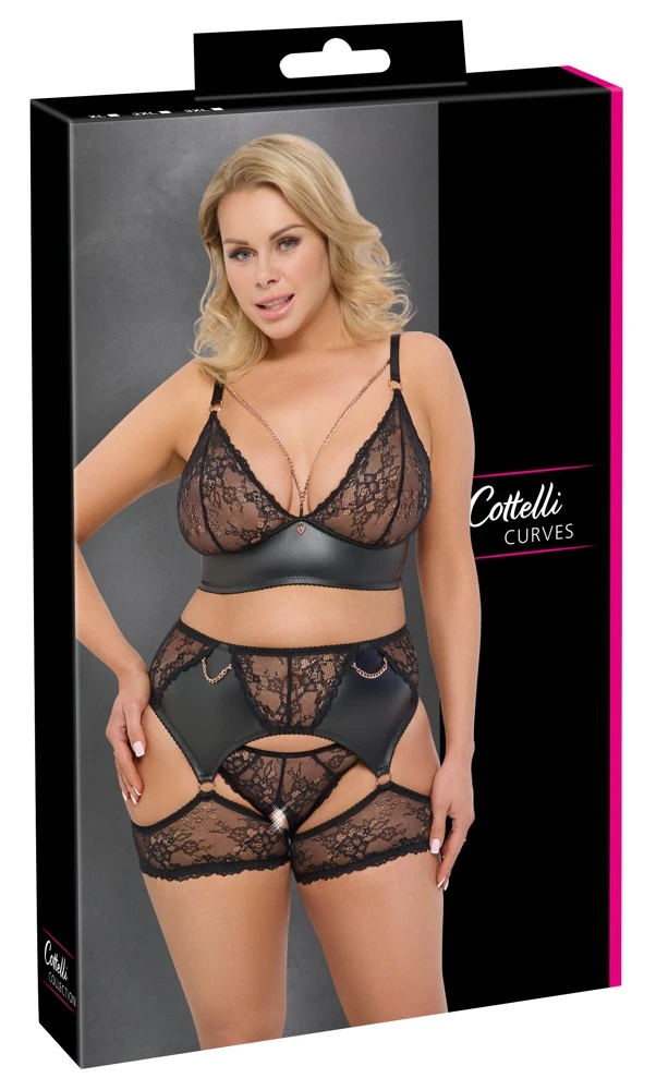 Cottelli CURVES Verführerisches Spitzen-Set von Cottelli CURVES mit roségoldenen Akzenten, bestehend aus Soft-BH, Slip ouvert und Strapsgürtel