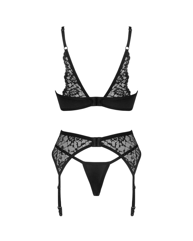 Obsessive 3-teiliges schwarzes Set Bellastia mit Bügel-BH, Strapsgurt und String. Weiches Stretchmaterial und softe elastische Blütenspitze im verführerischen Mix.