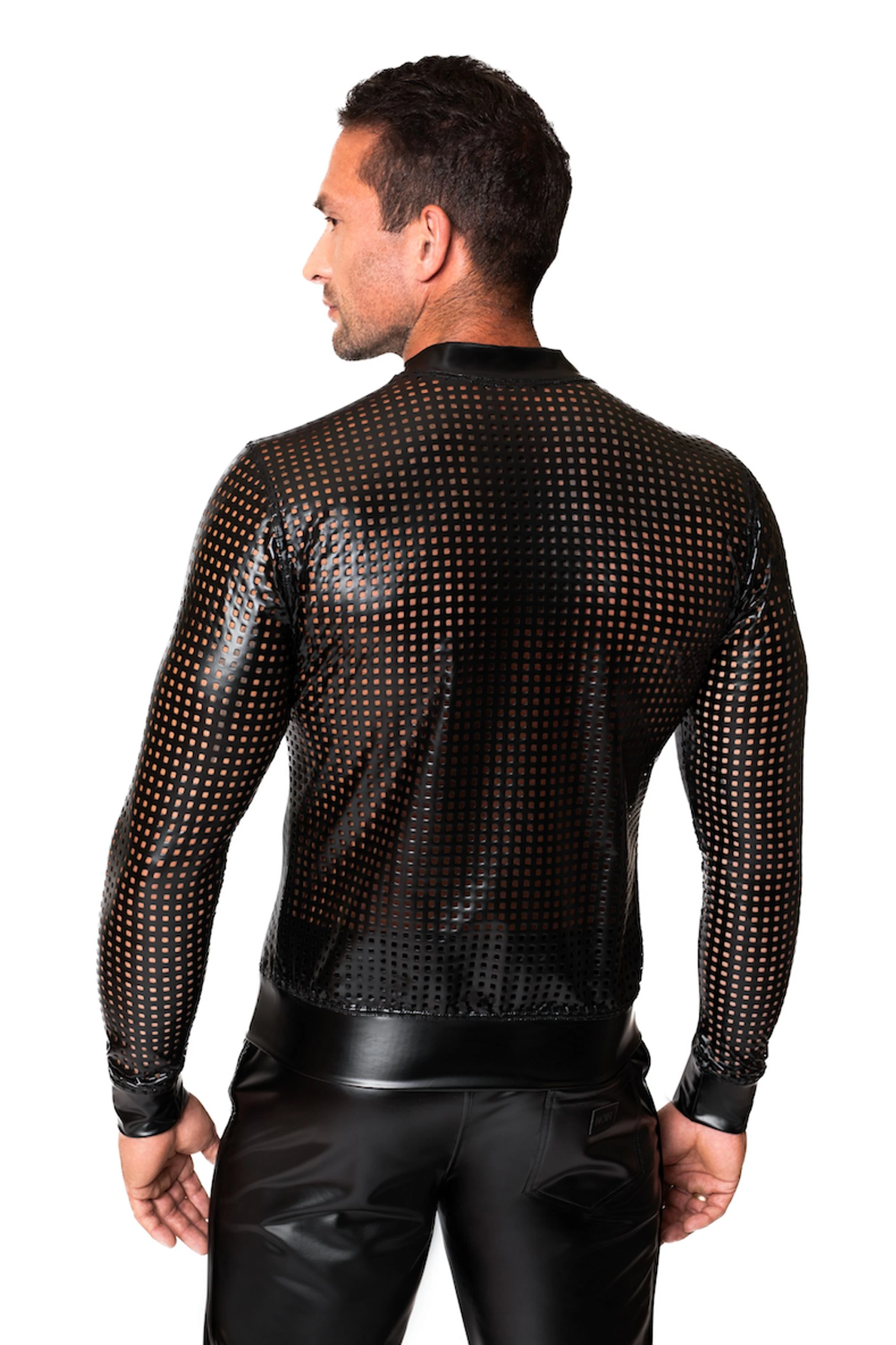 Mutige Männer Bomberjacke aus hochwertigem Power Wetlook mit perforiertem Design, Reißverschluss und elegantem Kragen für auffällige Looksschwarze Powerwetlook Jacke H076