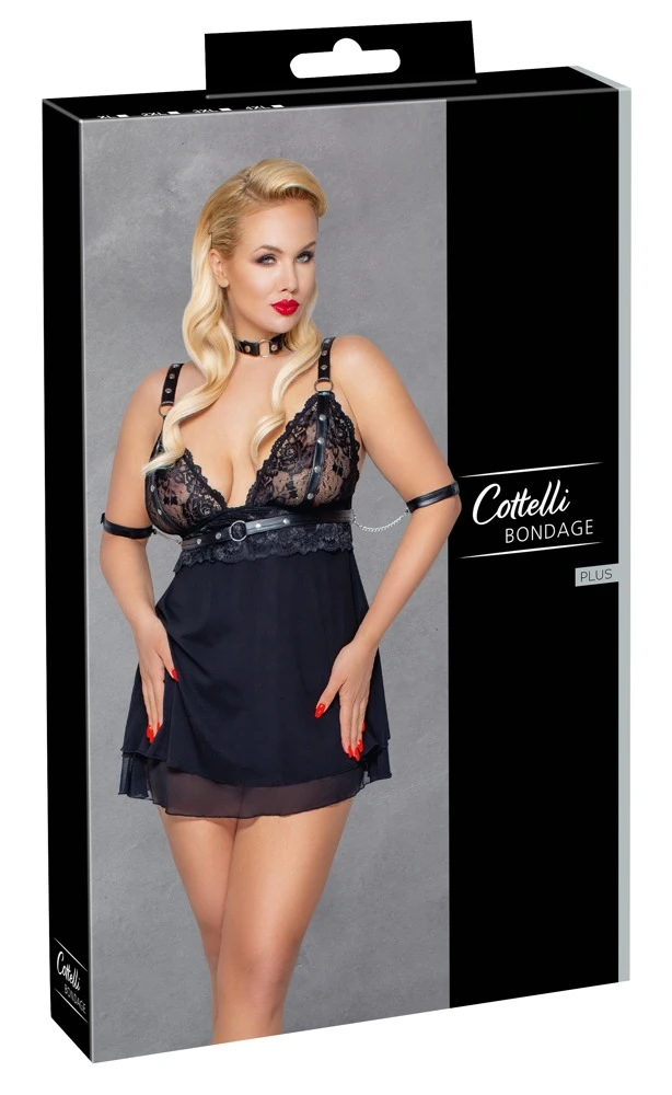 Cottelli Babydoll-Set mit Halsband, Bondage-Schal und verführerischer Spitze in schwarz