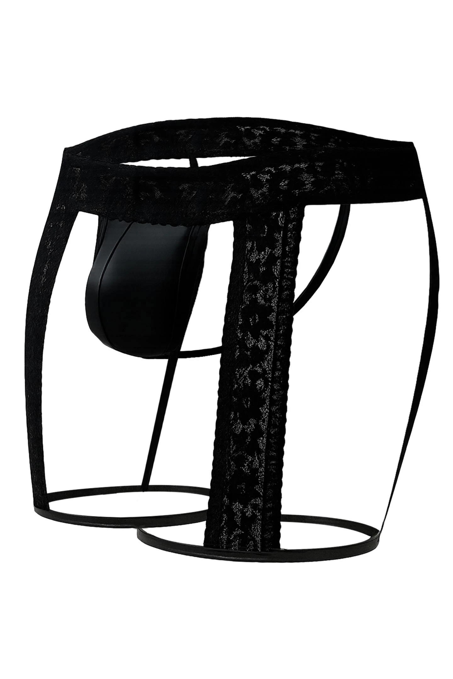 Schwarzer Fetisch Strumpfhalter mit integriertem String für den Mann aus dehnbarer Spitze und glattem Material mit gummiertem CUT4MEN Frontlogo