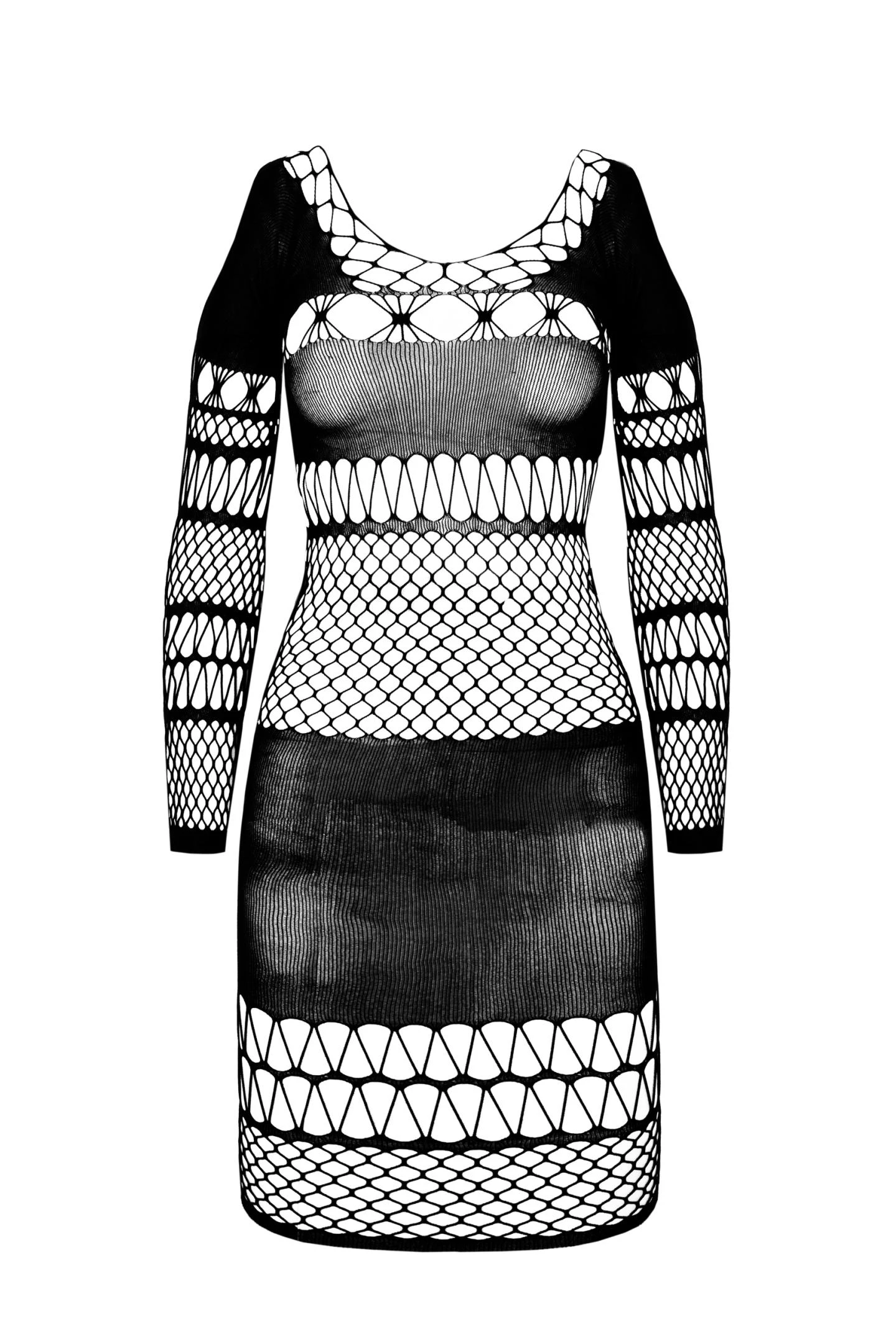 Eng anliegendes Minikleid aus elastischem Netzmaterial mit langen Ärmeln für einen verführerischen Look, der begeistert! Schwarzes Netzkleid BS105