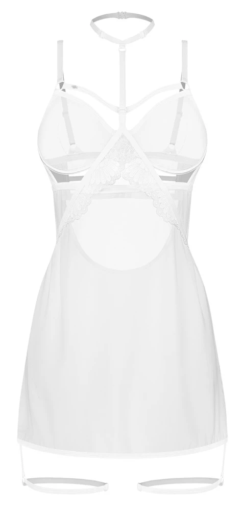 Weiß-transparentes Negligé Arrowel von Obsessive mit Spitze, Halsband und raffinierten Riemchen für einen unvergesslichen Auftritt