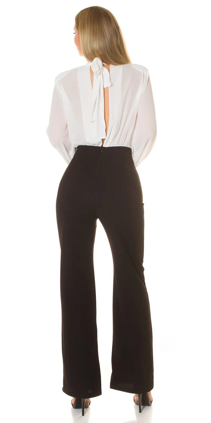 Business Look Long Overall Halbtransparent Maxi Jumpsuit Turtle Neck Cutout Bootcut Ballon-Ärmel Business Look Long Overall Halbtransparent Maxi Jumpsuit Turtle Neck Cutout Bootcut Ballon-Ärmel