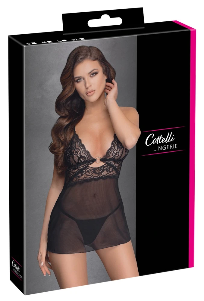 Cottelli LINGERIE kurzesBabydoll Ring am Dekollete Powernet und Spitze Rückenfrei
