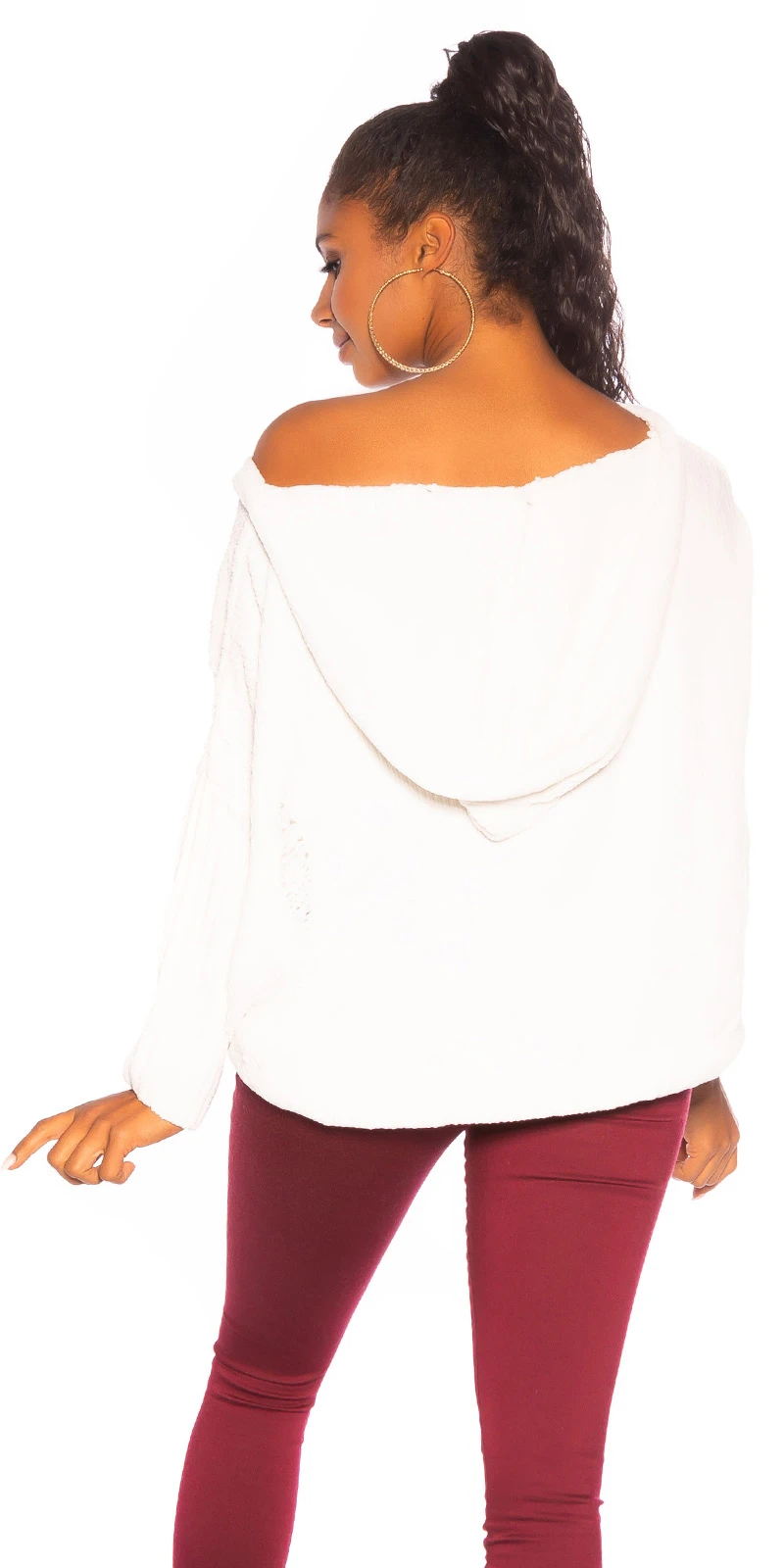 Used Look Crop Grobstrick Vokuhila Pullover mit Kapuze