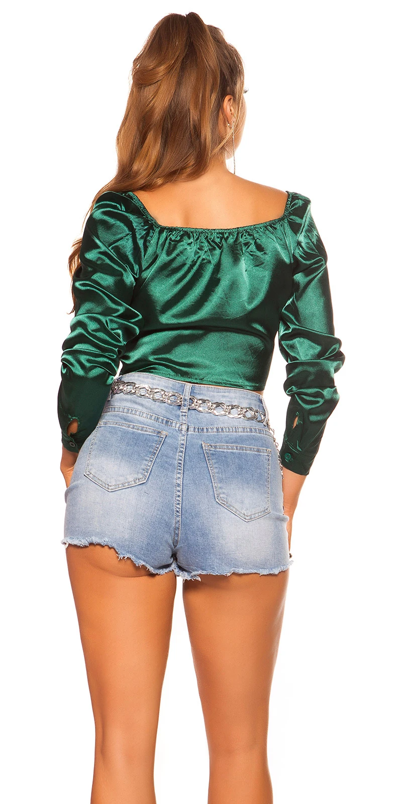 Langarm V-Neck Knoten Blusen Crop Top im Satin Look