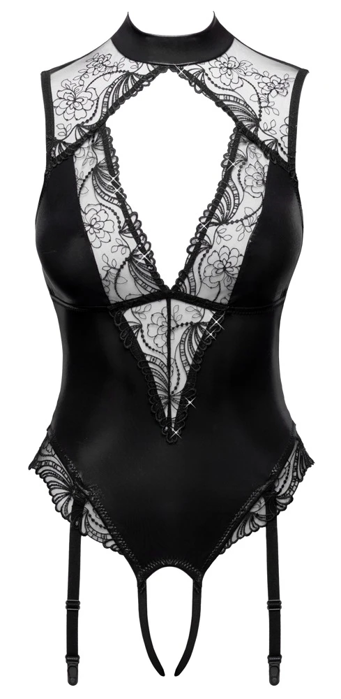 Straps-Riobody ouvert Wetlook bestickter Tüll Pailletten offener Schritt abnehmbare Strapse schwarze Dessous Cottelli LINGERIE