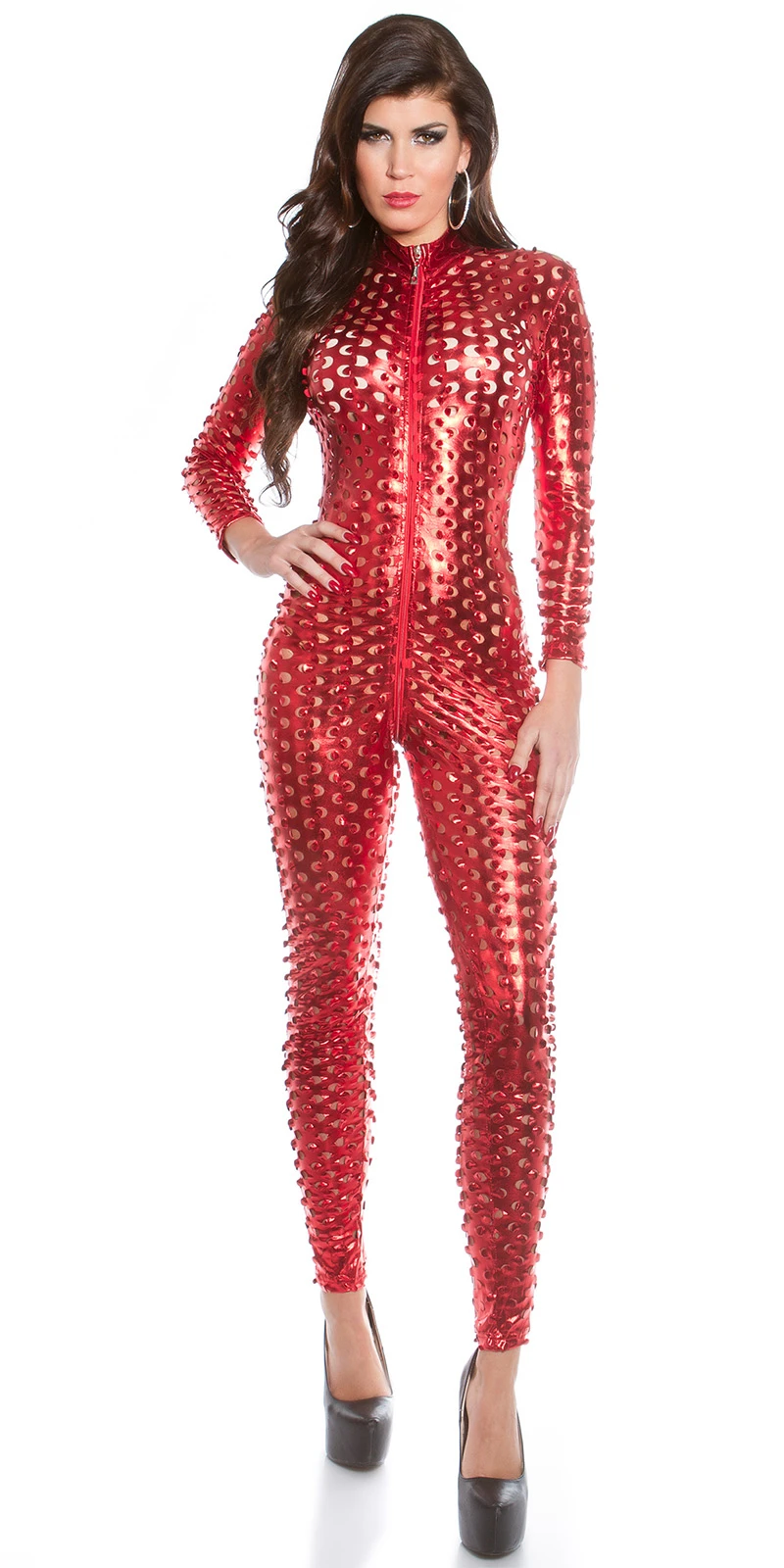 Kinky Langarm Jumpsuit, Catsuit aus dünnem Stretch mit glänzender Metallic Oberfläche, 2 Wege Reißverschluss und figurbetonter Long Form mit sexy allover Loch Musterung von Koucla