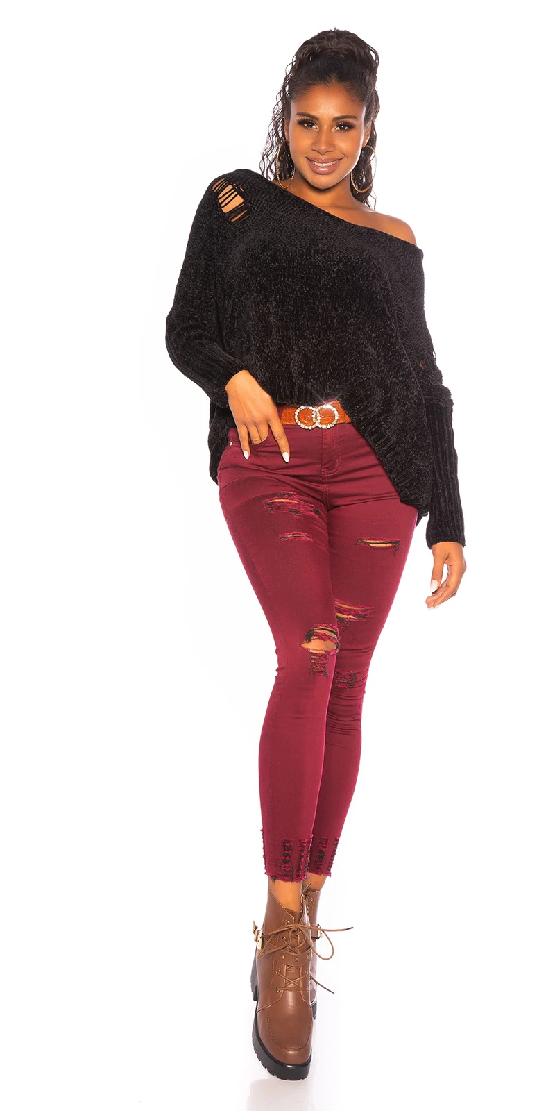 Used Look Crop Grobstrick Vokuhila Pullover mit Kapuze Used Look Crop Grobstrick Vokuhila Pullover mit Kapuze
