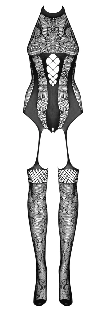 Catsuit ouvert, Verführerischer Neckholder-Catsuit F240 von Obsessive: Eleganz und Sinnlichkeit in Netz- und Tüll-Transparenzen