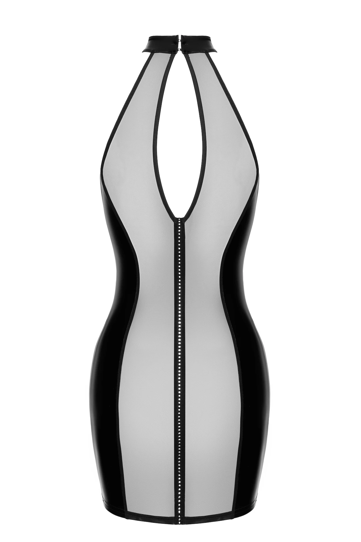 F370 Luxuria Crystal Sheer Kinky Minikleid von Noir Handmade – transparentes Netzdesign mit funkelnder Strasslinie, figurbetonendem Powerwetlook und hohem Kragen für einen ultra-sexy Look voller Glamour