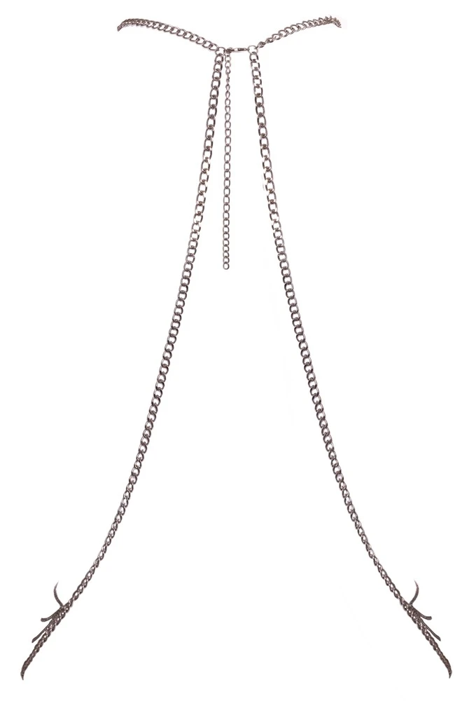 Cottelli silberfarbene Körperkette mit üppigem Kettchenbesatz zwischen den Brüsten und glamourösem Hüftschmuck im verstellbaren Neckholder-Design