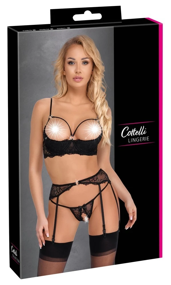 Cottelli LINGERIE Bügel Peek a Boo-Hebe-BH und Ouvert String mit Strapsgurt mit zarter Spitze Cottelli LINGERIE Bügel Peek a Boo-Hebe-BH und Ouvert String mit Strapsgurt mit zarter Spitze