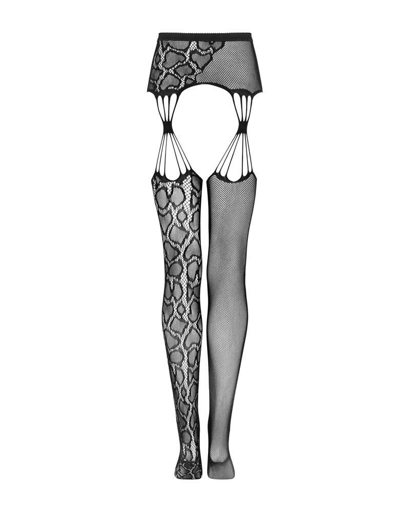 Obsessive verführerische Strapsstrümpfe in schwarz mit aufregenden Tiermuster und dünnen Streifen an dn Beinen, was der Figur schmeichelt.