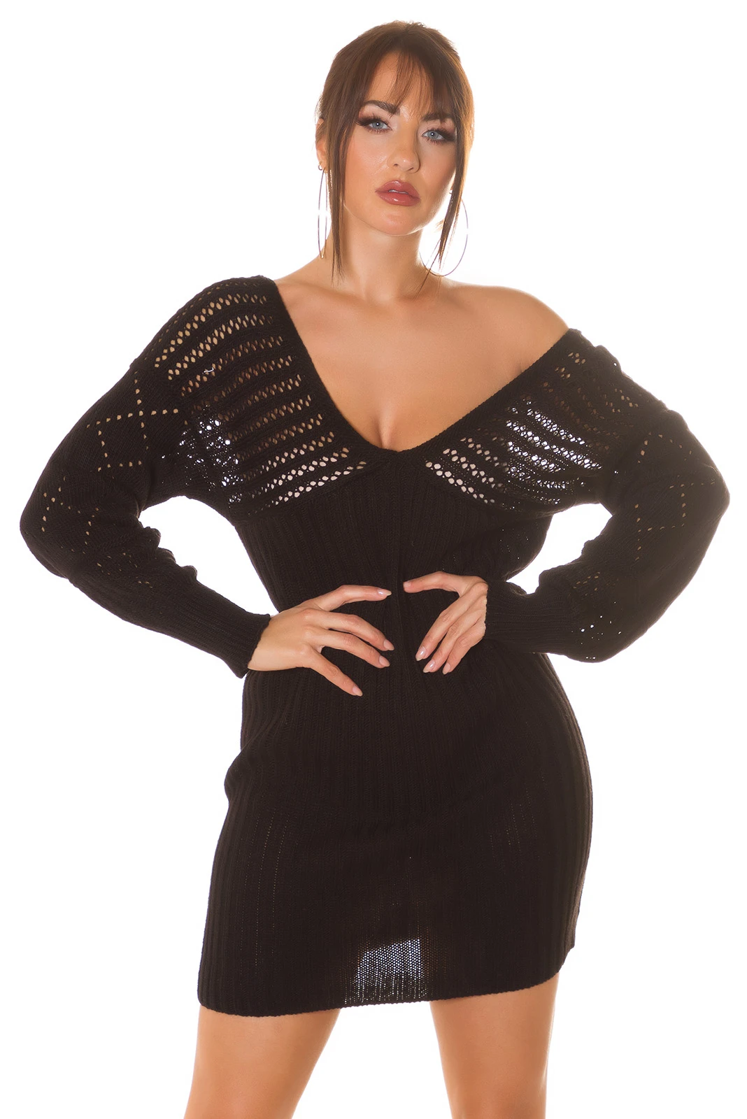Chic Strick V-Neck Langarm Minikleid mit Lochmuster Chic Strick V-Neck Langarm Minikleid mit Lochmuster