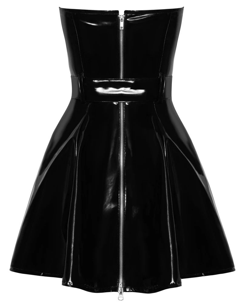 Kinky Lack Kleid ausgestellt, Verführerisches, trägerloses Lackkleid von Black Level in tiefschwarz, figurbetont mit Gürtel und 2-Wege-Reißverschluss Kinky Lack Kleid ausgestellt, Verführerisches, trägerloses Lackkleid von Black Level in tiefschwarz, figurbetont mit Gürtel und 2-Wege-Reißverschluss