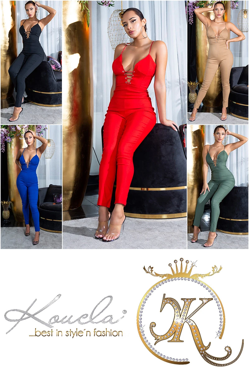 Hot V-Neck Skinny Long Jumpsuit mit Träger und Deko Schnürung