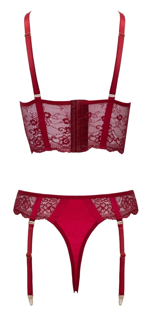 Longline-BH & Straps-Riostring ouvert Reizwäsche aus roter Spitze mit Satin, offen, Kettendetails, abnehmbare Strapse Cottelli LINGERIE