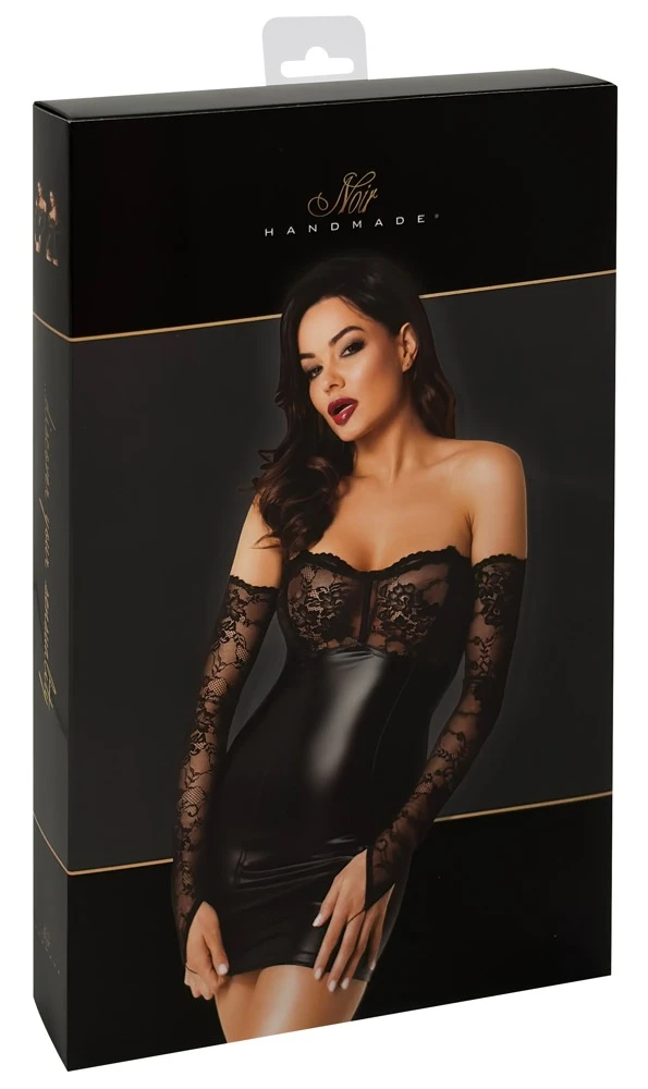 Noir Tube-Minikleid F340 aus Powerwetlook mit zarter Spitze & passenden Spitzen-Armstulpen, Elastisch & Trägerlos