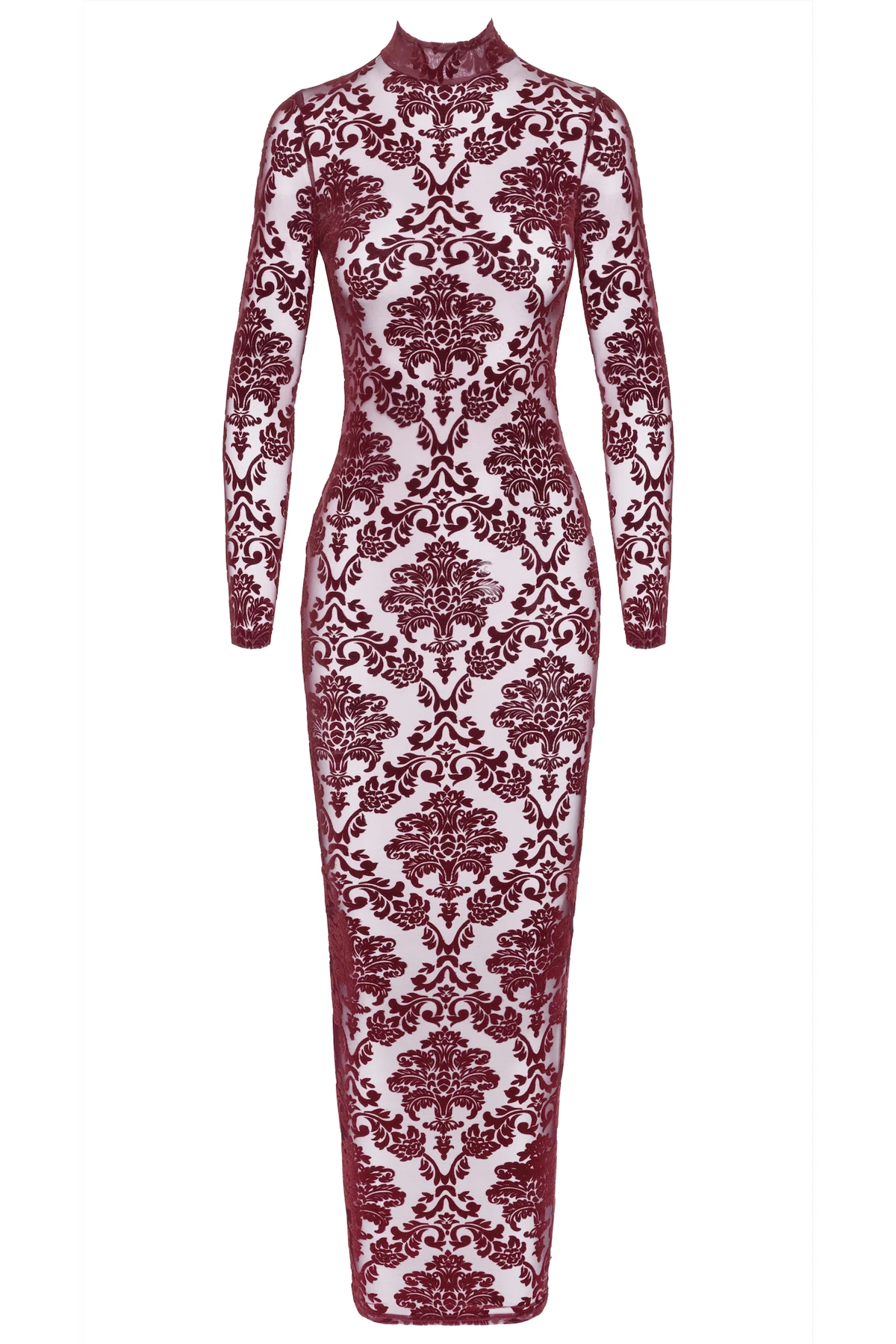 F383 Langes Flockkleid Kinky Royal aus weichem elastischem Tüll mit luxuriöser Flockstickerei, tiefem Rückenausschnitt, hohem Kragen mit Hakenverschluss und verführerischem Gehschlitz – von Noir Handmade