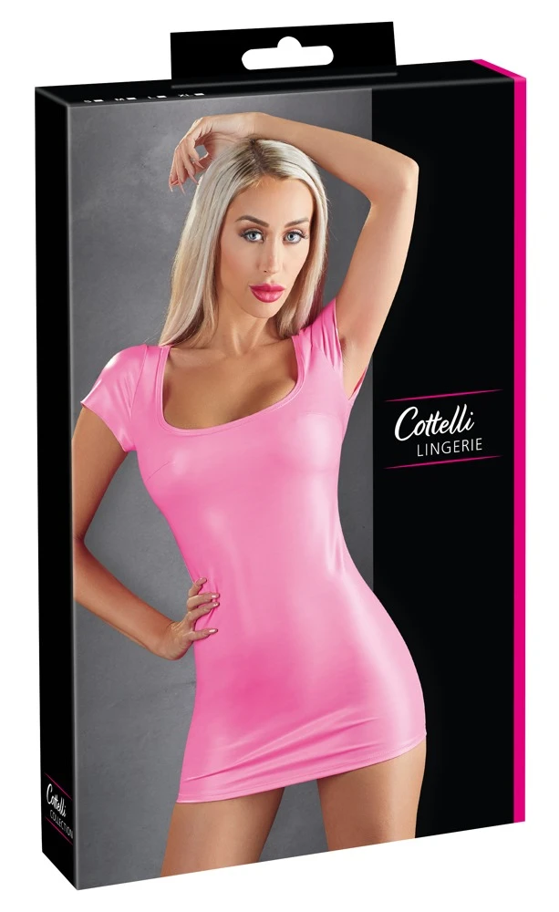 Cottelli PARTY Kleid Hotpink verführerisches Minikleid für Frauen, edler Matt-Look, Kurzarm, anschmiegsame Reizwäsche elastisch