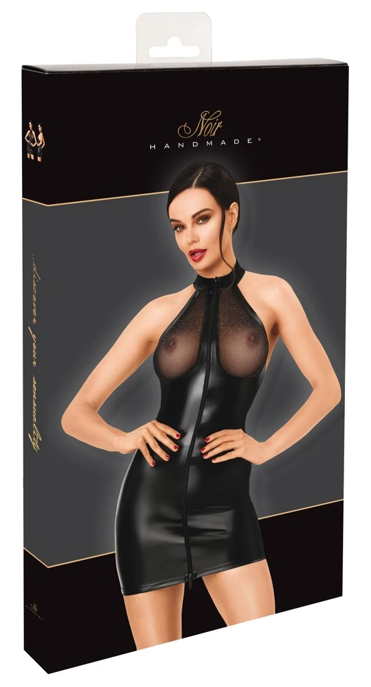 Noir Handmade Sexy Neckholder-Minikleid im schwarzen Powerwetlook mit glitzernden Transparent-Cups und durchgehendem 2-Wege-Reißverschluss