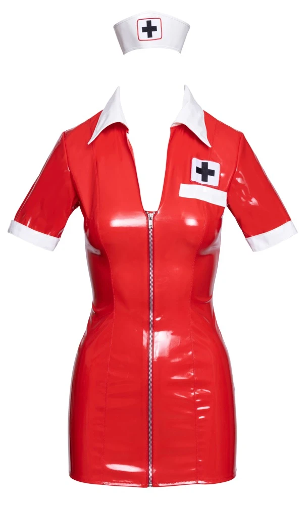 Kurzes Kleid von Black Level inklusive Haube. Halbarm-Kleid im roten Lackglanz mit weißen Kontrast-Details und schwarzem Kreuz-Emblem. Kurzes Kleid von Black Level inklusive Haube. Halbarm-Kleid im roten Lackglanz mit weißen Kontrast-Details und schwarzem Kreuz-Emblem.