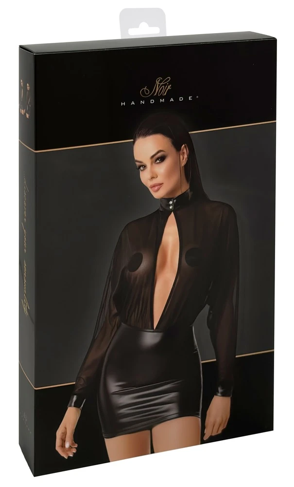 Noir Stylisches Langarm-Minikleid im Material-Mix aus transparentem Tüll und Powerwetlook mit tiefem Ausschnitt und Stehkragen Noir Stylisches Langarm-Minikleid im Material-Mix aus transparentem Tüll und Powerwetlook mit tiefem Ausschnitt und Stehkragen