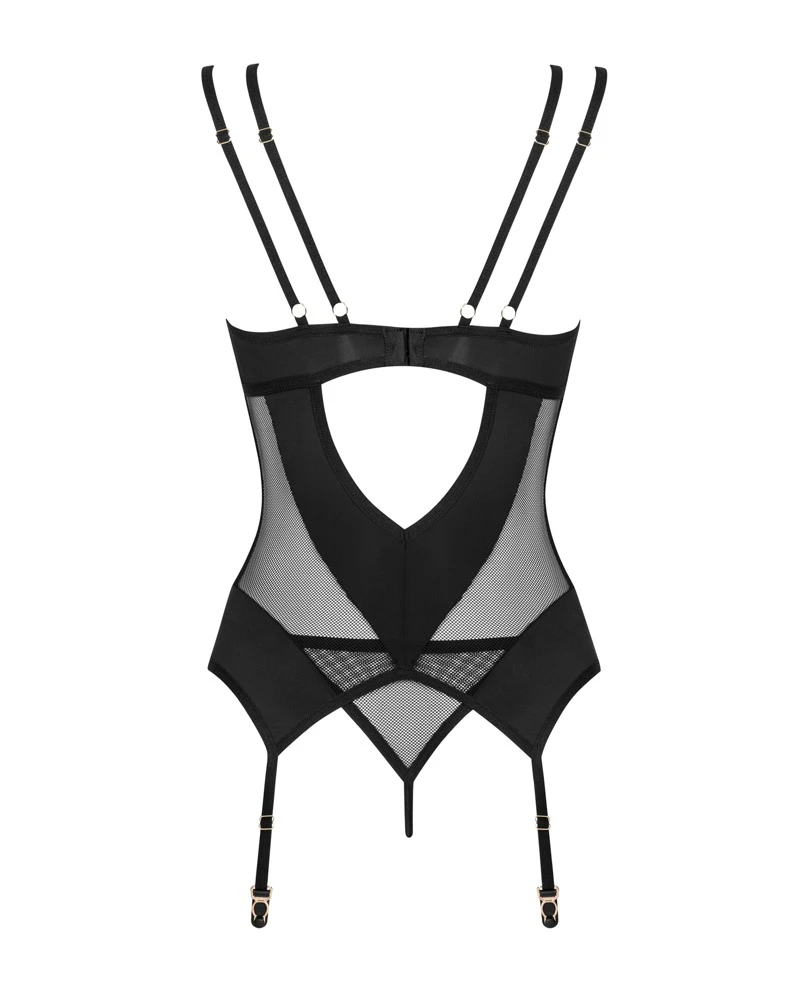 Obsessive Strapshemd und String im schwarzen Set. Weiches elastisches Netz im stylischen Mix mit blickdichtem Stretchmaterial. Obsessive Strapshemd und String im schwarzen Set. Weiches elastisches Netz im stylischen Mix mit blickdichtem Stretchmaterial.