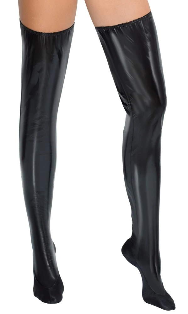 Bettstiefel von Black Level im schwarzen Lackglanz. Mit Stretch-Einsätzen an Fuß und Bein-Innenseiten sowie Gummizugbündchen für perfekten Sitz.