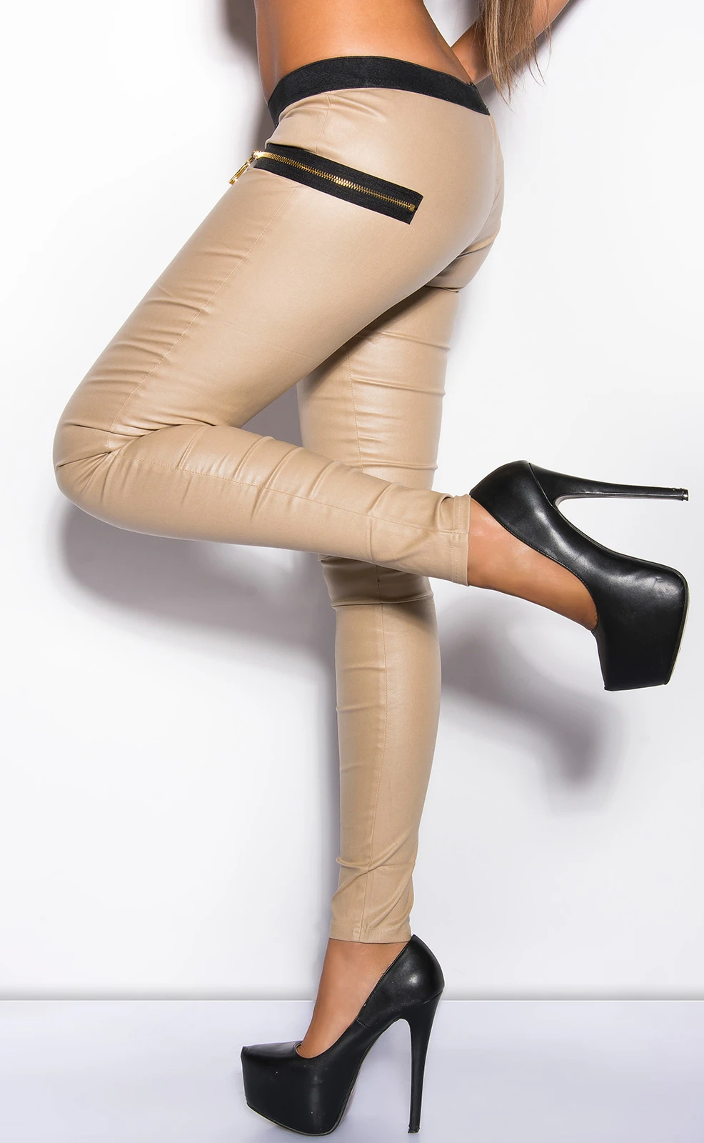 Leder Look Hüft Treggings mit Deko Zipper Taschen