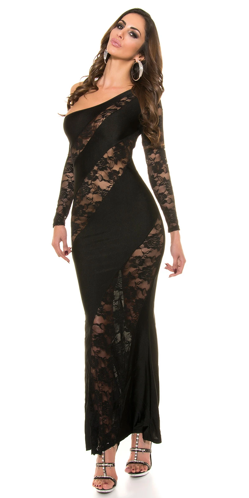 Maxi One Shoulder Cocktail Kleid mit Spitzen-Einsatz Maxi One Shoulder Cocktail Kleid mit Spitzen-Einsatz
